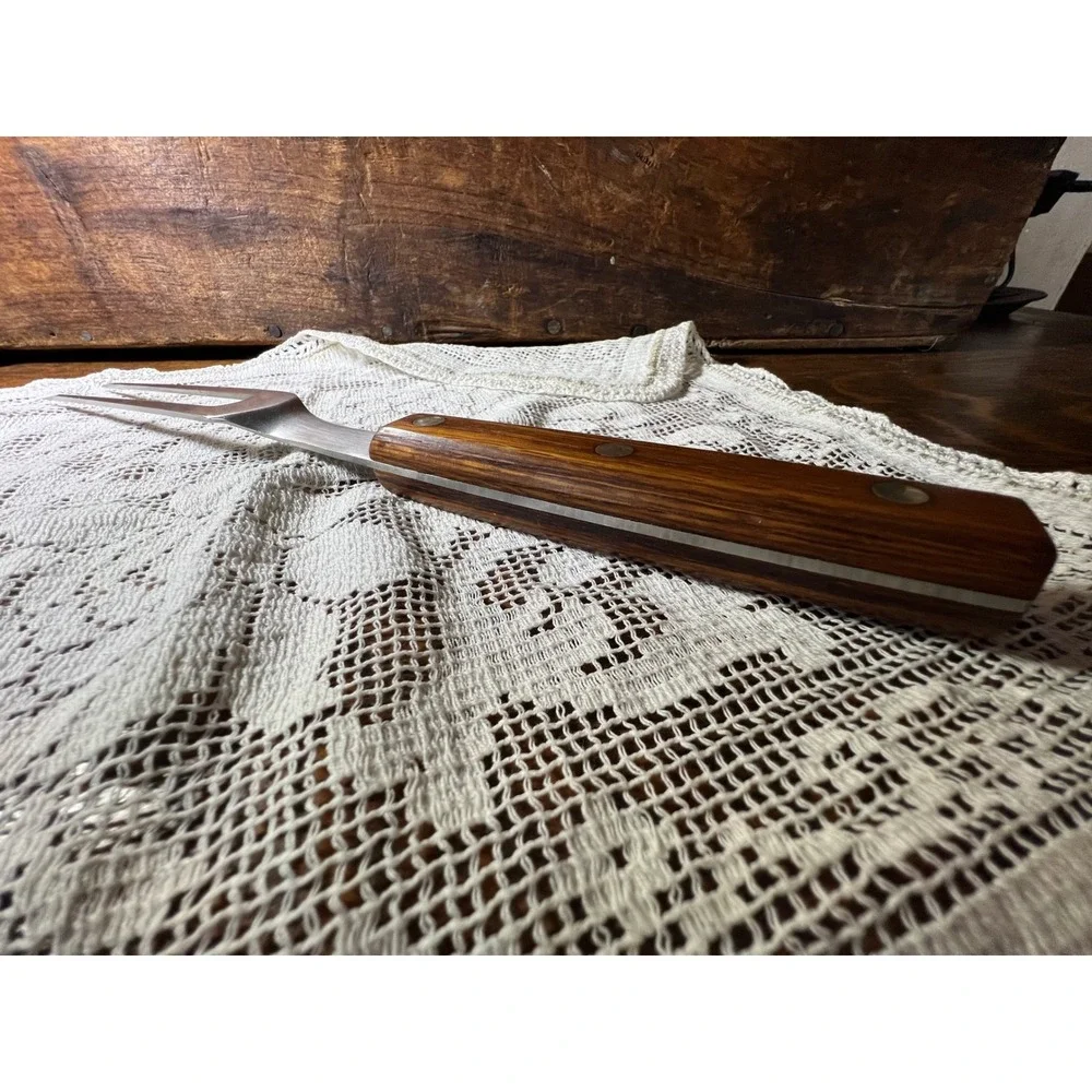 Vintage Stainless Steel Meat Carving Fork Wood Handle 3 Rivet 14 Inch Serving - Picture 3 of 5
